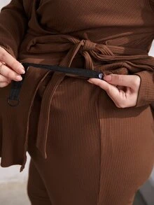 SHEIN Maternity Plus Surplice Neck Belted Top And Trousers Set - Brown - View 4