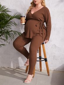 SHEIN Maternity Plus Surplice Neck Belted Top And Trousers Set - Brown - View 5