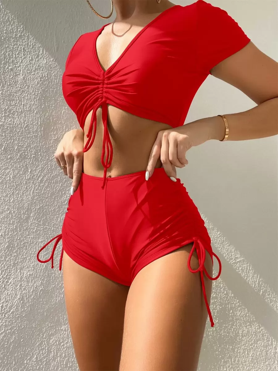 SHEIN Swim Bikini básico con cordón para la playa de verano - Rojo - Ver 1