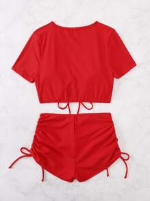 SHEIN Swim Bikini básico con cordón para la playa de verano - Rojo - Ver 2