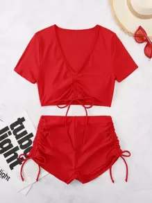 SHEIN Swim Bikini básico con cordón para la playa de verano - Rojo - Ver 3