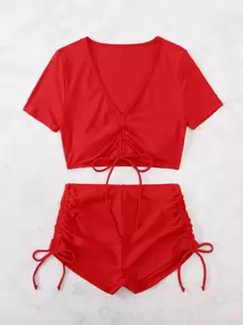 SHEIN Swim Bikini básico con cordón para la playa de verano - Rojo - Ver 4