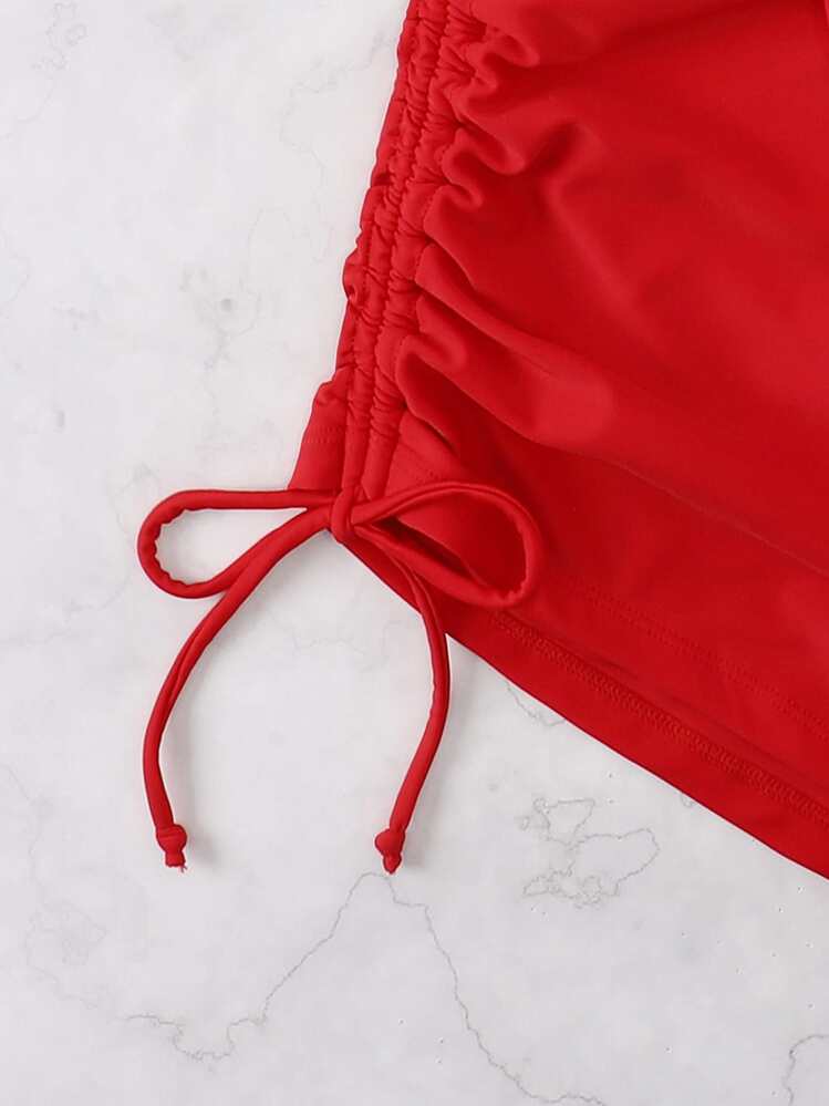 SHEIN Swim Summer Beach Plain Drawstring Bikini - Red - View 5
