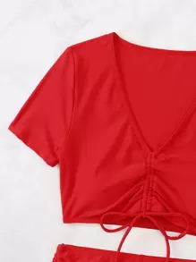 SHEIN Swim Bikini básico con cordón para la playa de verano - Rojo - Ver 6