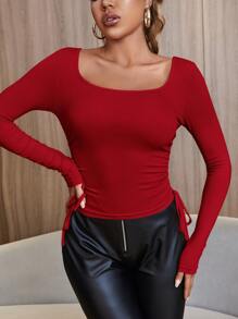 SHEIN SXY 側抽繩大圓領T恤 - 紅色 - 查看 5