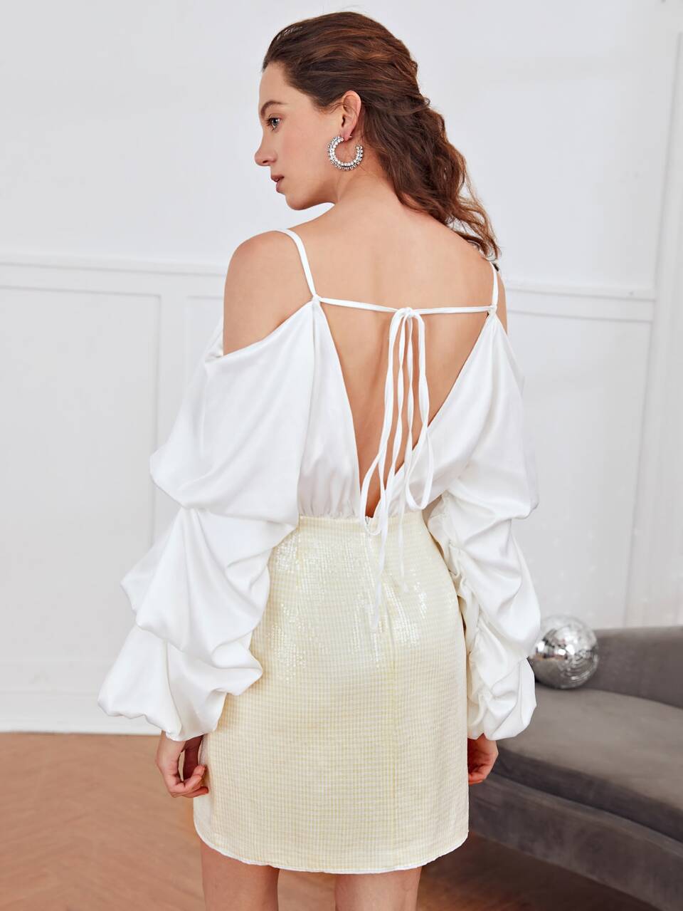 Cold Shoulder Ruched Sleeve Mixed Media Dress