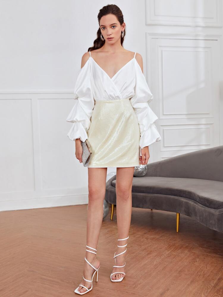 SHEIN Unity Cold Shoulder Ruched Sleeve Mixed Media Dress - Multicolor - View 5