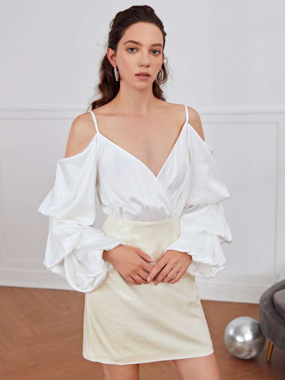 Cold Shoulder Ruched Sleeve Mixed Media Dress