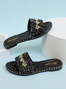 水鑽裝飾涼鞋 - 黑色 - 查看 1