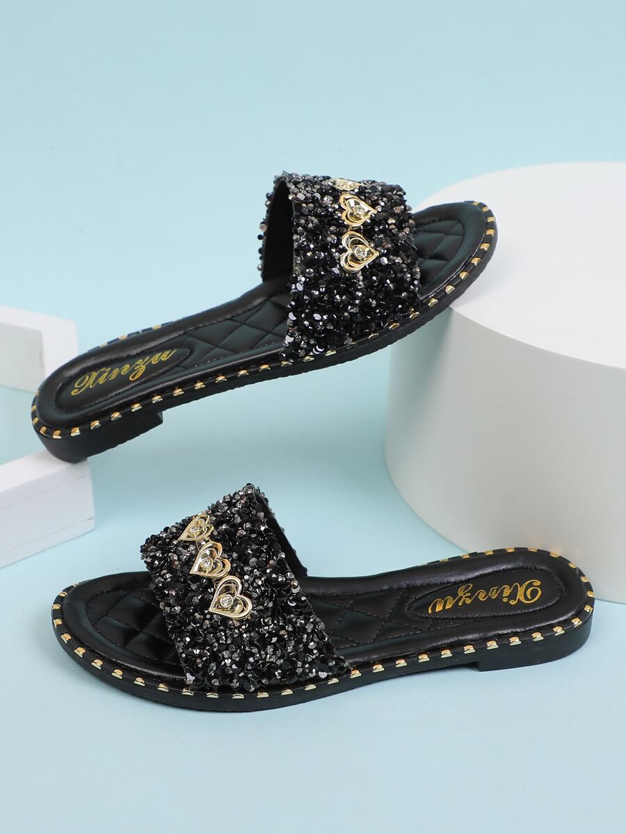 水鑽裝飾涼鞋 - 黑色 - 查看 1