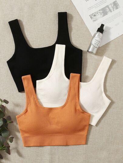 Seamless Breathable 3pcs Ribbed Knit Solid Sports Bra