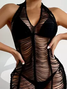 SHEIN Swim Summer Beach Plain Plunging Cover Up - Black - View 3