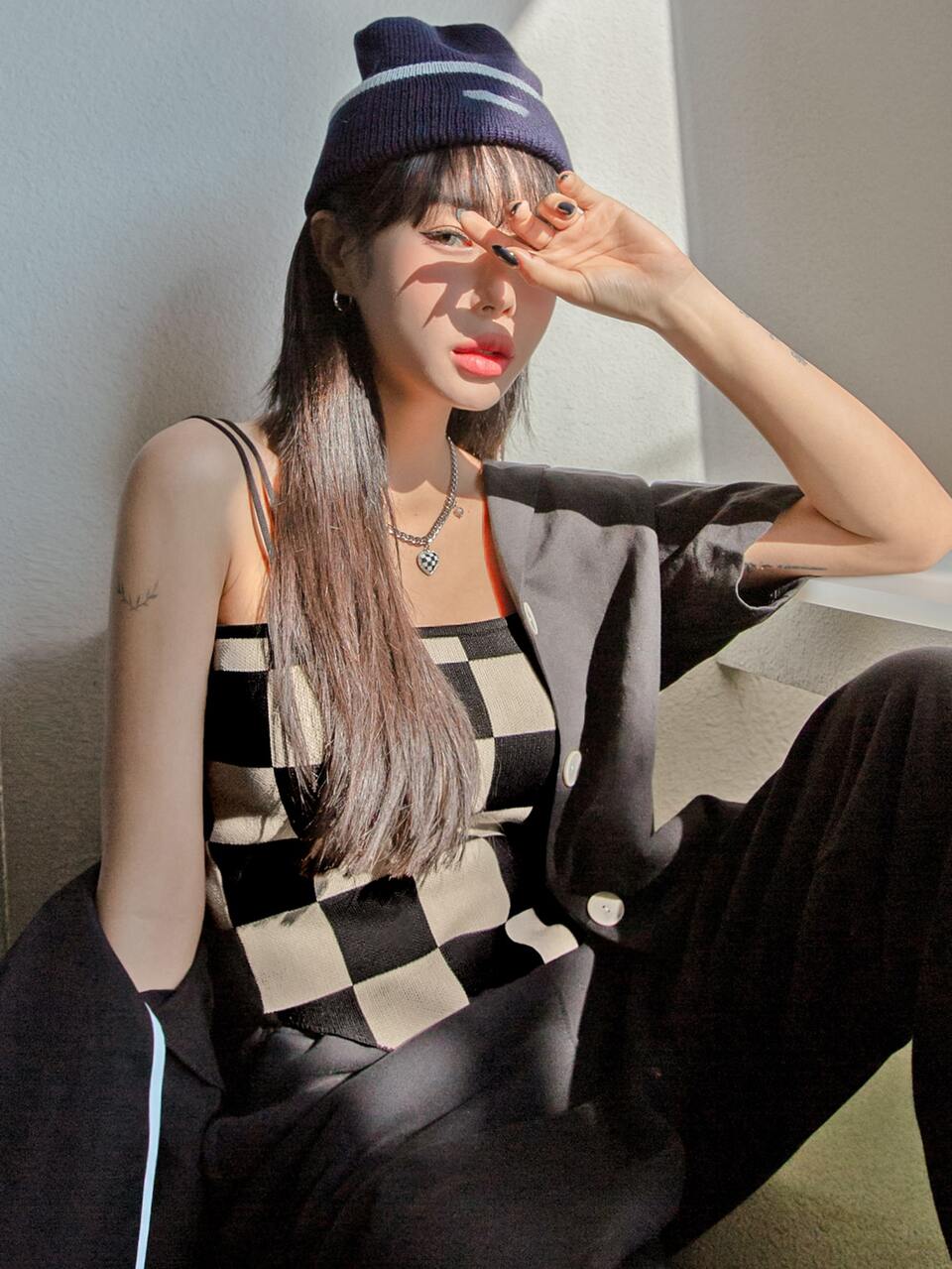 Checker Pattern Bandana Hem Cami Knit Top