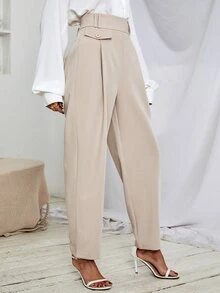SHEIN Unity High Waist Plicated Detail Pants - Apricot - View 3