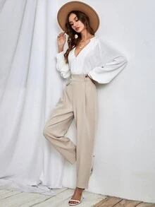 SHEIN Unity High Waist Plicated Detail Pants - Apricot - View 4
