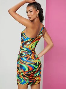 SHEIN 不對稱領圖案印花鏤空緊身連衣裙 - 彩色 - 查看 2