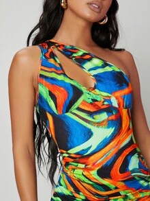 SHEIN 不對稱領圖案印花鏤空緊身連衣裙 - 彩色 - 查看 4