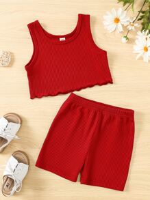 小女童木耳邊背心上衣和短褲 - 酒紅色 - 查看 1