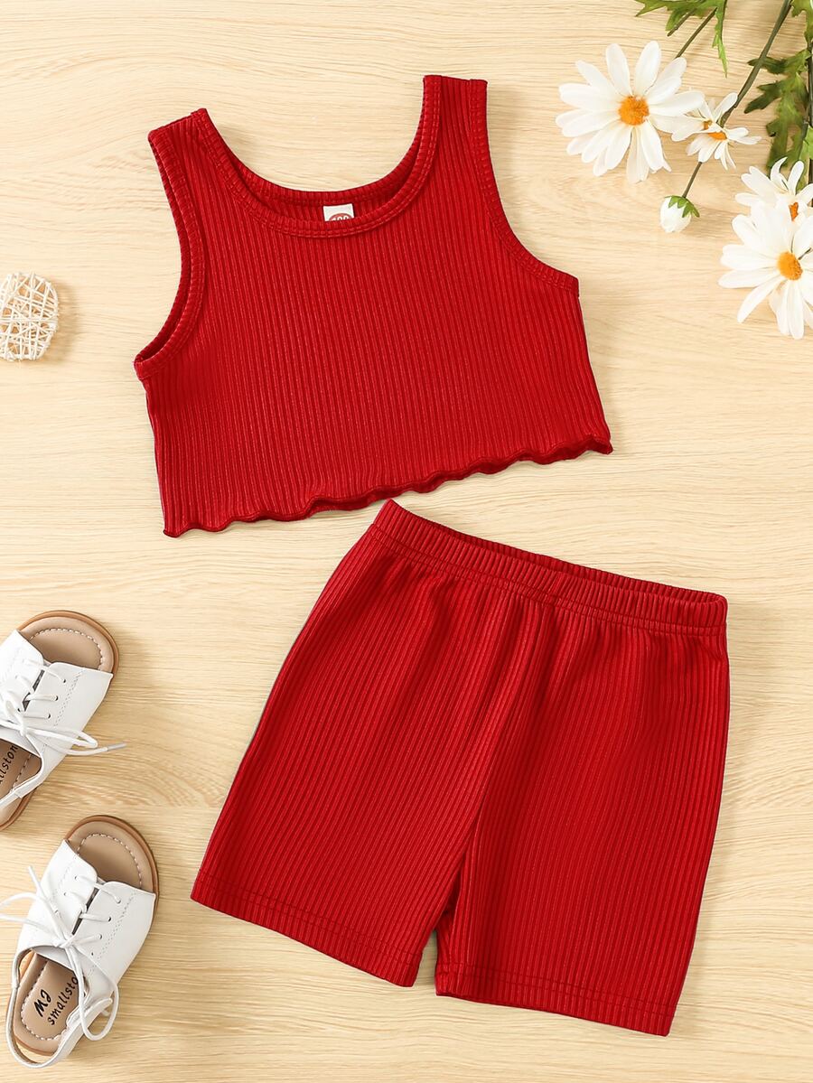 小女童木耳邊背心上衣和短褲 - 酒紅色 - 查看 1