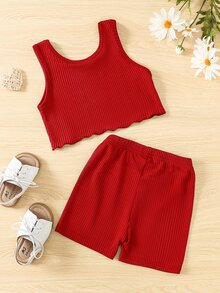小女童木耳邊背心上衣和短褲 - 酒紅色 - 查看 2