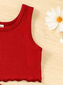 小女童木耳邊背心上衣和短褲 - 酒紅色 - 查看 3