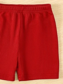 小女童木耳邊背心上衣和短褲 - 酒紅色 - 查看 4