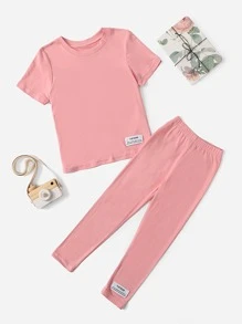 SHEIN 小女童標語貼布細節T恤和緊身褲 - 淺粉色 - 查看 1