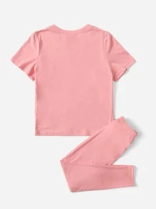 SHEIN 小女童標語貼布細節T恤和緊身褲 - 淺粉色 - 查看 2