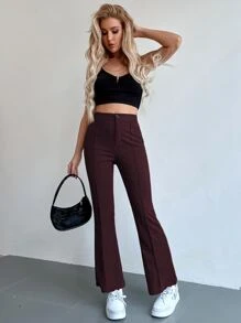 SHEIN Unity 前接縫高腰喇叭褲 - 巧克力棕 - 查看 1