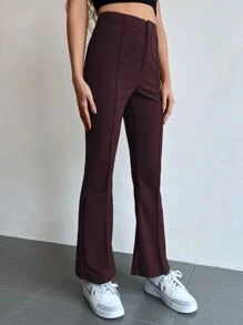 SHEIN Unity 前接縫高腰喇叭褲 - 巧克力棕 - 查看 4