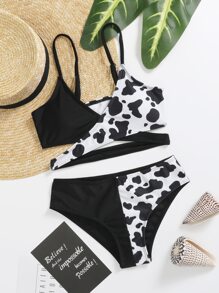 Tween Girl Cow Print Wrap Bikini Set Summer Beach - Black and White - View 1