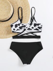 Tween Girl Cow Print Wrap Bikini Set Summer Beach - Black and White - View 2