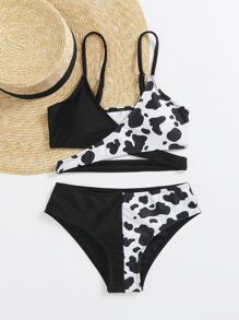 Tween Girl Cow Print Wrap Bikini Set Summer Beach - Black and White - View 3