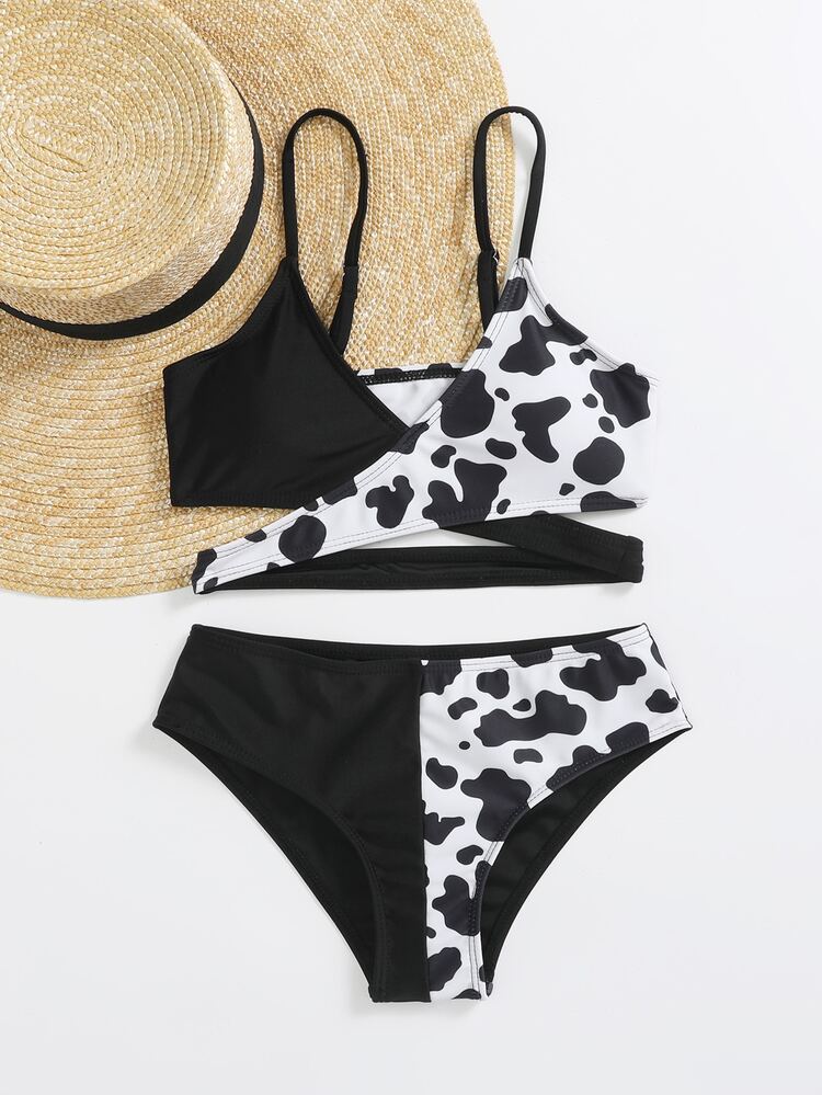 Tween Girl Cow Print Wrap Bikini Set Summer Beach - Black and White - View 3