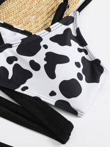 Tween Girl Cow Print Wrap Bikini Set Summer Beach - Black and White - View 4
