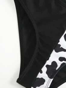 Tween Girl Cow Print Wrap Bikini Set Summer Beach - Black and White - View 5