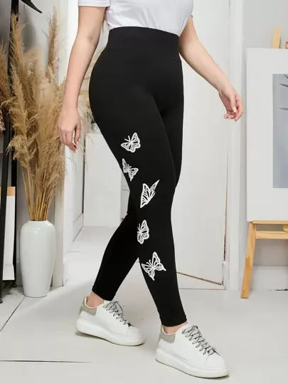 Flirla Plus Butterfly Print Wide Waistband Leggings Fall Cloth For Women
