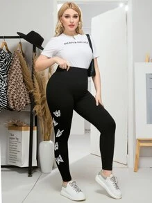 Flirla Plus Butterfly Print Wide Waistband Leggings Fall Cloth For Women - Black - View 6