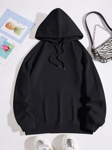 SHEIN Qutie Expression & Letter Graphic Drawstring Thermal Hoodie Pullover Fall - Black - View 2