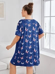 Plus Slogan And Butterfly Print Night Dress - Blue - View 2