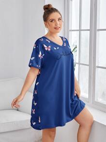 Plus Slogan And Butterfly Print Night Dress - Blue - View 3