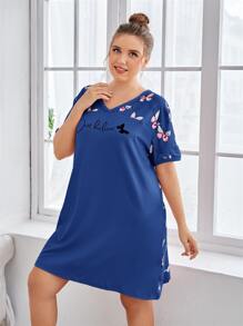 Plus Slogan And Butterfly Print Night Dress - Blue - View 4