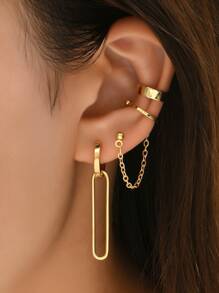 6pcs Creative Chain Decor Geometric Earrings For Women For Daily Decoration - Yellow Gold - View 1