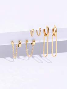 6pcs Creative Chain Decor Geometric Earrings For Women For Daily Decoration - Yellow Gold - View 3
