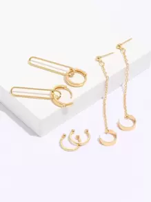 6pcs Creative Chain Decor Geometric Earrings For Women For Daily Decoration - Yellow Gold - View 4
