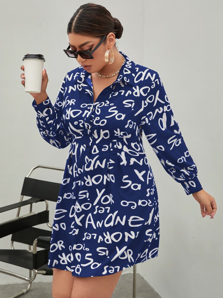 Plus Letter Graphic Shirt Dress - Navy Blue - View 1