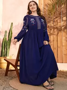 Al Najma 大碼花卉刺繡燈籠袖長連衣裙 - 藏蓝色 - 查看 1