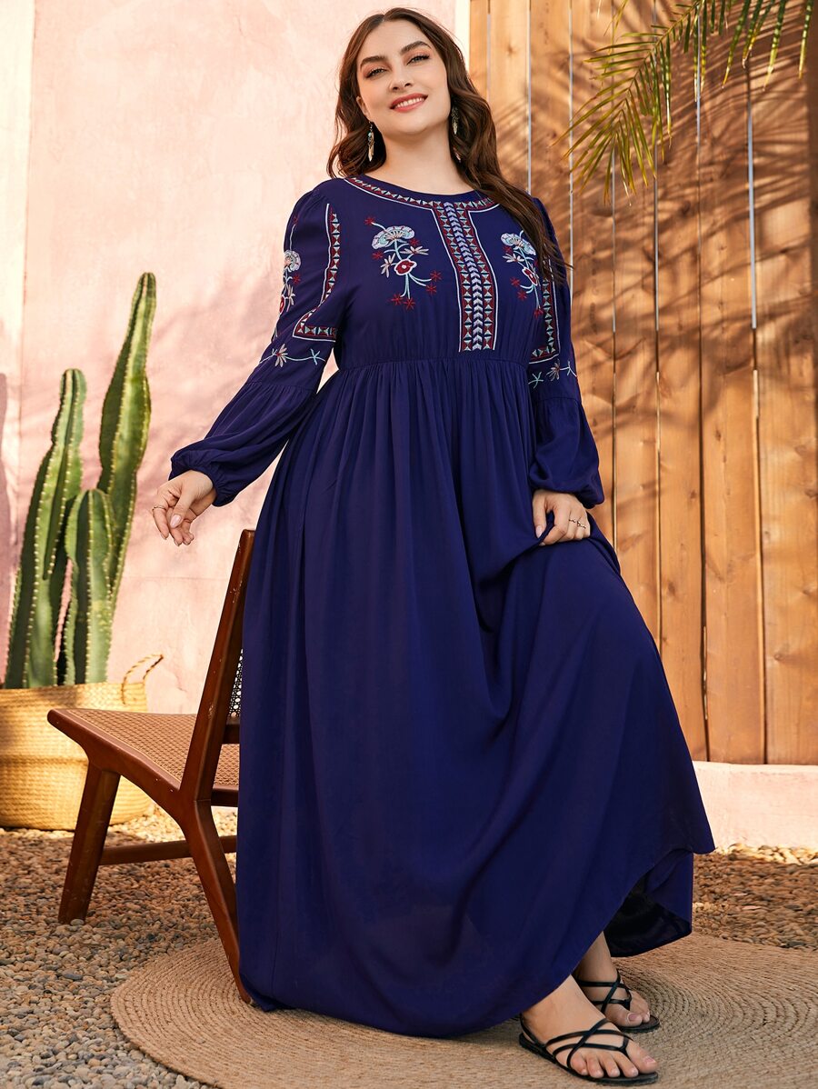 Al Najma 大碼花卉刺繡燈籠袖長連衣裙 - 藏蓝色 - 查看 1