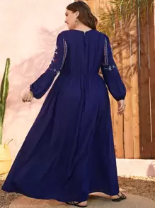 Al Najma 大碼花卉刺繡燈籠袖長連衣裙 - 藏蓝色 - 查看 2