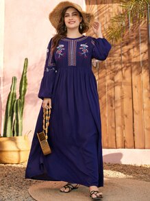 Al Najma 大碼花卉刺繡燈籠袖長連衣裙 - 藏蓝色 - 查看 3